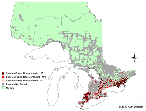 Ontario Tree Atlas map of non-planted Eastern Red Cedar. 1995-1999.