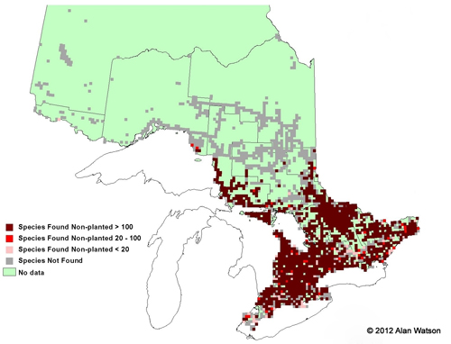 Ontario Tree Atlas map of non-planted Sugar Maples. 1995-1999.