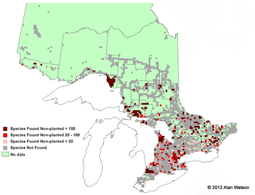 Ontario Tree Atlas map of non-planted Downy Serviceberrys. 1995-1999.