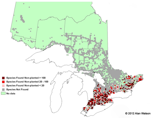Ontario Tree Atlas map of non-planted Blue Beech. 1995-1999.