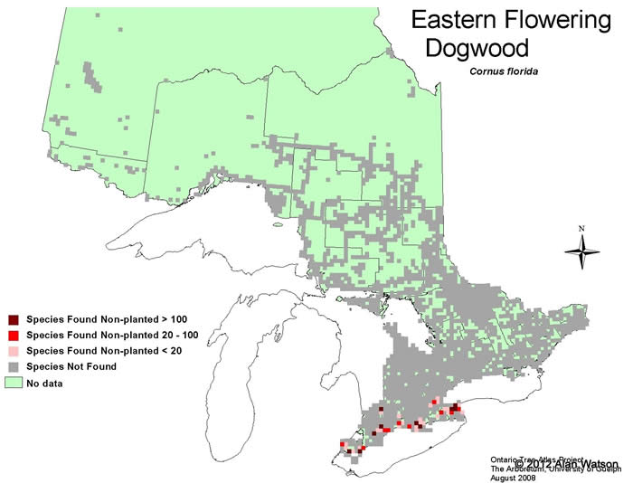 Ontario Tree Atlas map of non-planted Eastern Flowering Dogwood. 1995-1999.