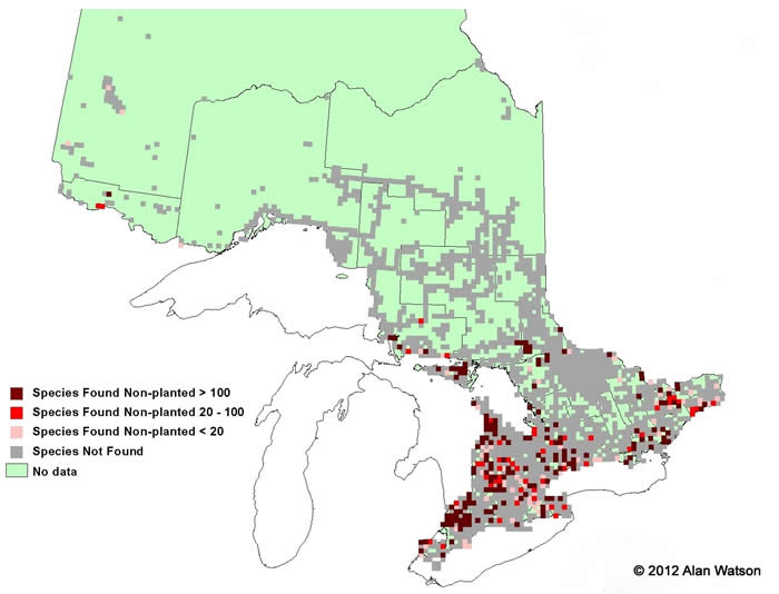 Ontario Tree Atlas map of non-planted Green Ash. 1995-1999.