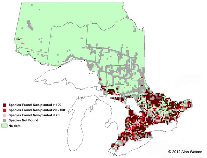 Ontario Tree Atlas map of non-planted Ironwood. 1995-1999.