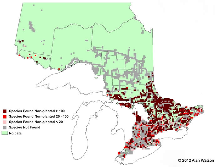 Ontario Tree Atlas map of non-planted Largetooth Aspen. 1995-1999.