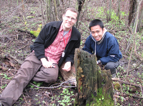 Troy and Jose at the Arboretum site where they found a new-to-science species of lichen. Photo by Chris Earley