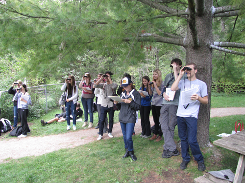 Students watch and count the feeder birds in the Gosling Wildlife Gardens.