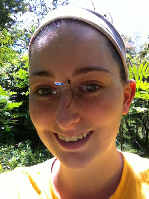 Donnell and a Slender Spreadwing that landed on her face after she marked it.