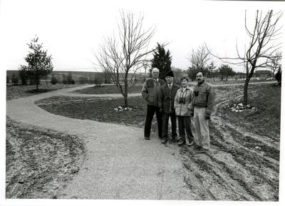 Keith Ronald (past Arboretum Director), Philip Gosling, Jean Gosling and Alan Watson (then the Arboretum Biologist and now past Arboretum Director) on the site in early spring, 1987