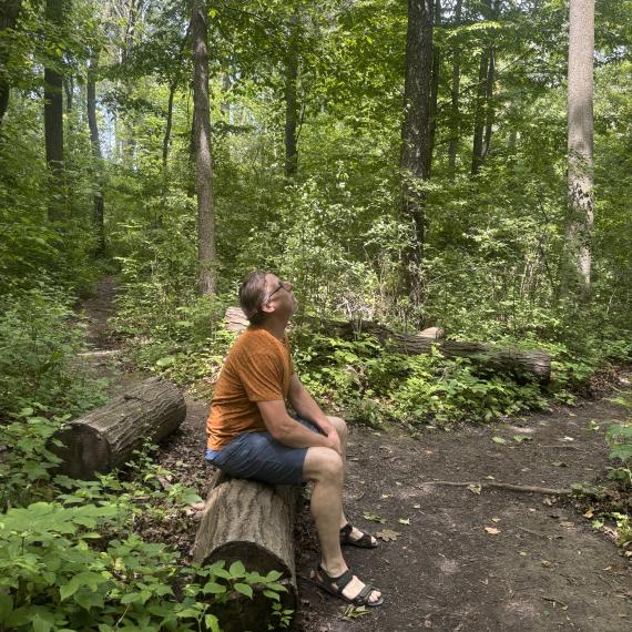 A man sitting on a log in the Forest