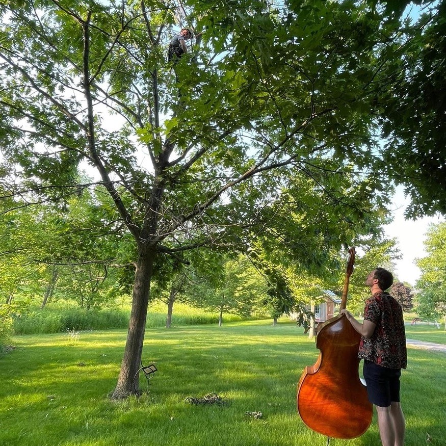 A musician looks up at a person in a tree
