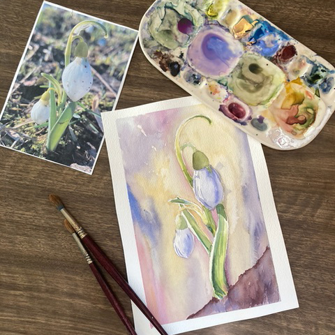 image of Spring Ephemeral photo and watercolour painting with a paint tray and brushes